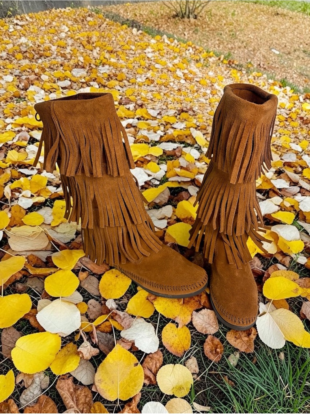 Minnetonka Moccasin 1632 Brown Suede 3 Layer Fringe Calf High Boots Womens Sz 6